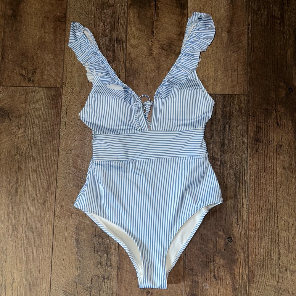 Blue & White Striped Swimsuit with Ruffles